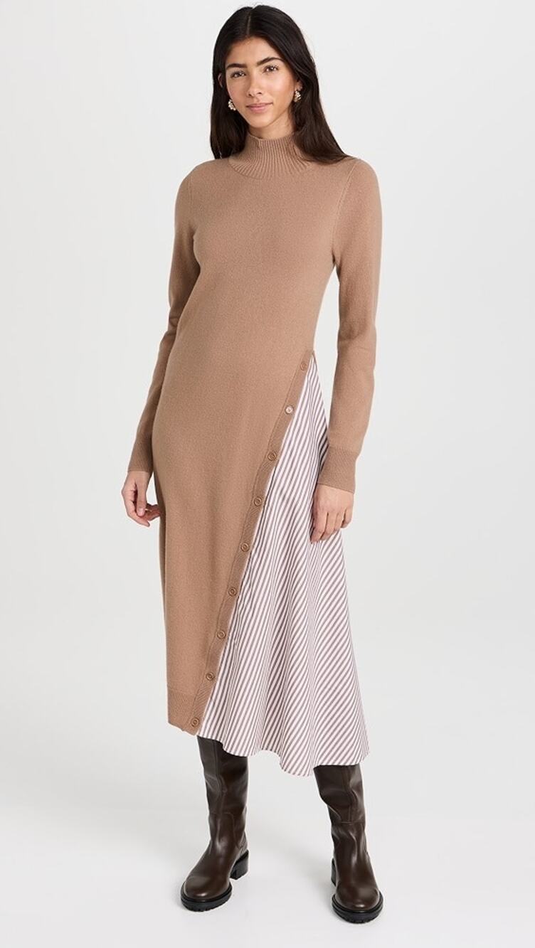 Naadam Asymmetrical Wool Cashmere Striped Turtleneck Long Sleeve Midi Dress M